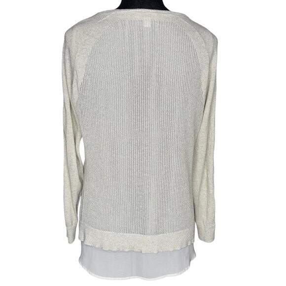 LUCKY BRAND Cream Gold Metallic Layered Crochet Sleeve V-neck Sweater Medium - Picture 4 of 10